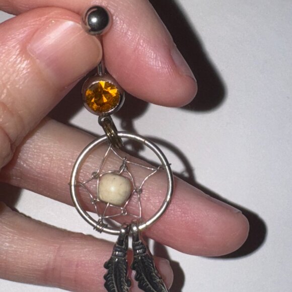 Topaz Orange gem with Cream bead Dream Catcher Dangle Belly Ring - Picture 8 of 11